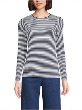 Lands' End women's long sleeve crewneck top navy and white thin striped pattern